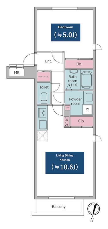 【築浅】レジディア文京小石川（旧：エスタジオ小石川) 2階 1LDKの間取り