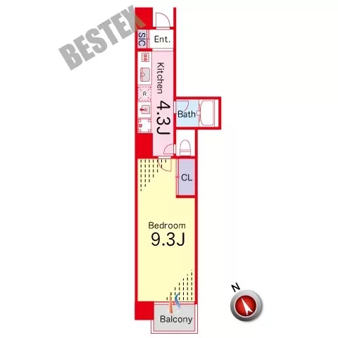 プルナスお茶の水 9階 1Kの間取り