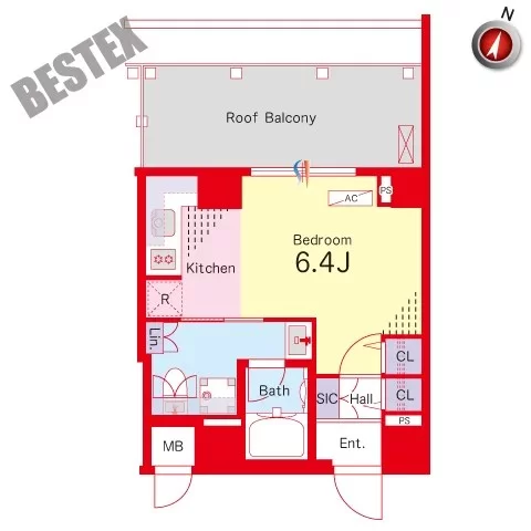 フェニックス飯田橋 4階 1Kの間取り
