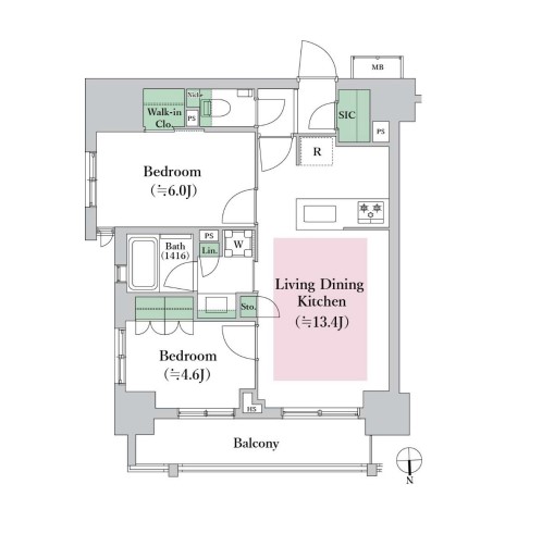 オープンレジデンシア本郷後楽園 4階 2LDKの間取り