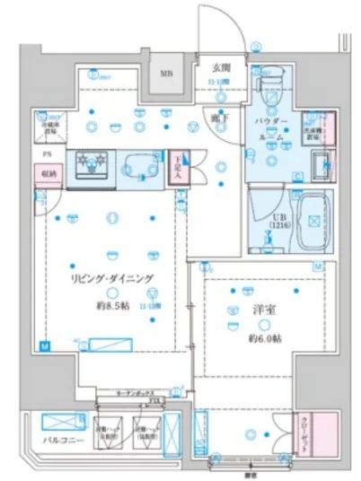 ジェノヴィア文京千駄木 8階 1LDKの間取り