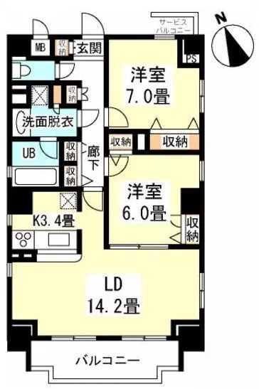 ヴェルデュール本郷壱番館 6階 2LDKの間取り