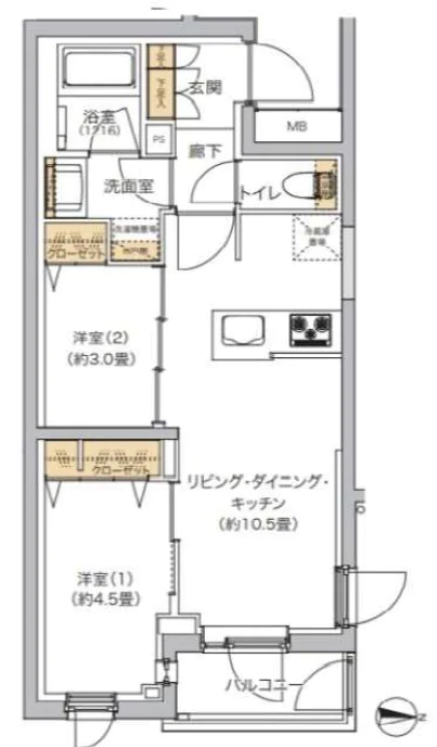 リビオメゾン湯島 3階 2LDKの間取り
