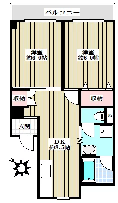 サンライズマンション 3階 2DKの間取り