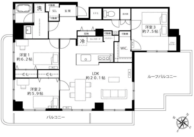 ホワイトパレス 6階 3LDKの間取り