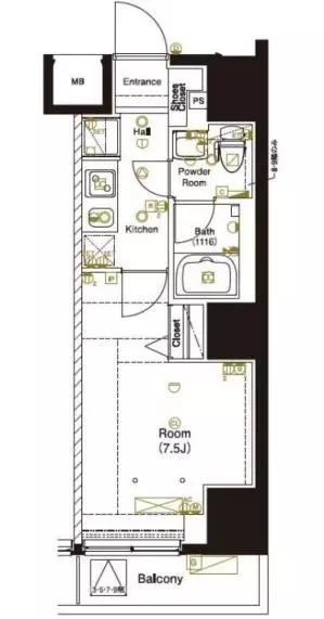 【築浅】マーロ後楽園 8階 1Kの間取り