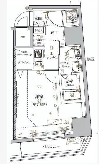 クレイシア文京春日 2階 1Kの間取り