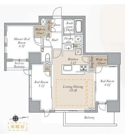 【築浅】プライマルシティ神楽坂 8階 3LDKの間取り