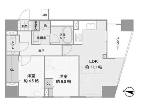 【分譲賃貸】パークハウス本郷三丁目アーバンス 7階 2LDKの間取り