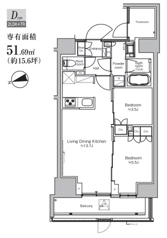 【築浅】プラウドフラット本郷三丁目 1階 2LDKの間取り