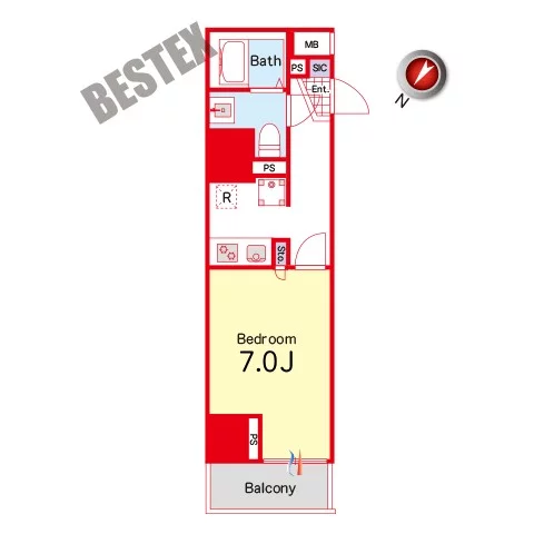 【築浅】アイルプレミアム千駄木 6階 1Kの間取り