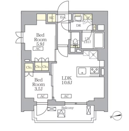 【新築】ザ・ライオンズフォーシア文京湯島 3階 2LDKの間取り