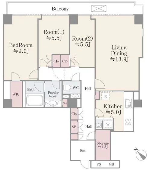 小石川パークタワー 11階 3LDKの間取り