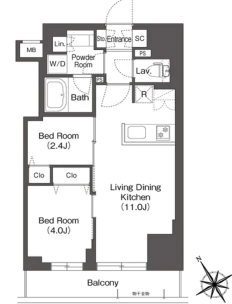 BluRock後楽園 (旧クレヴィアリグゼ文京後楽園) 13階 2LDKの間取り