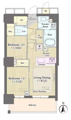 文京ガーデン・ザ・サウス 8階 2LDKの間取り