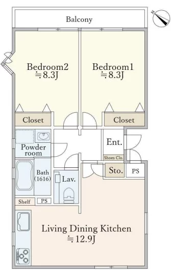 ドゥムール西片 2階 2LDKの間取り