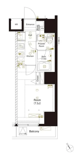 【築浅】マーロ後楽園 6階 1Kの間取り