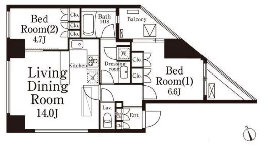 パークキューブ春日安藤坂 14階 2LDKの間取り