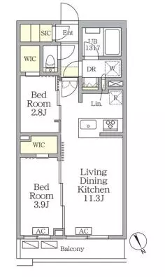 アジールコート後楽園 1階 2LDKの間取り
