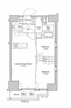 【築浅】プラウドフラット本郷三丁目 3階 2LDKの間取り