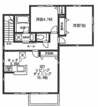 リスティガーデン白山 3階 2LDKの間取り