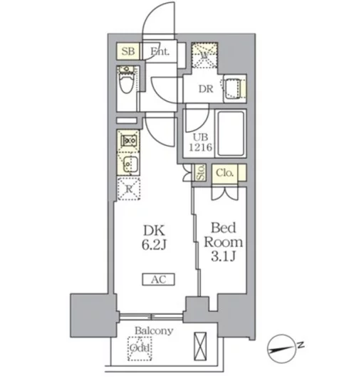 【新築】ザ・ライオンズフォーシア文京湯島 7階 1DKの間取り