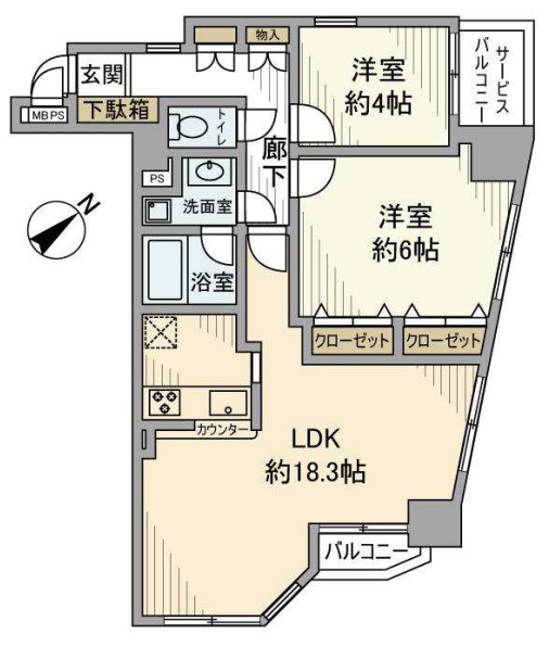 カテリーナ文京千駄木 6階 2LDKの間取り