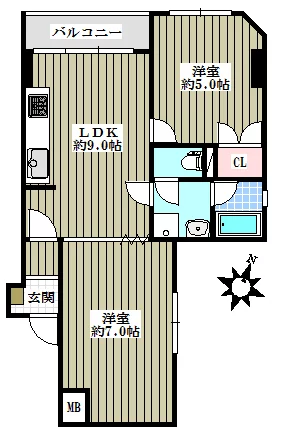 フォーチュンフィールド文京湯島 6階 2LDKの間取り