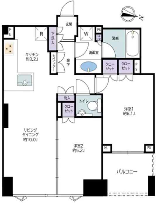 シティタワー上野池之端 11階 2LDKの間取り