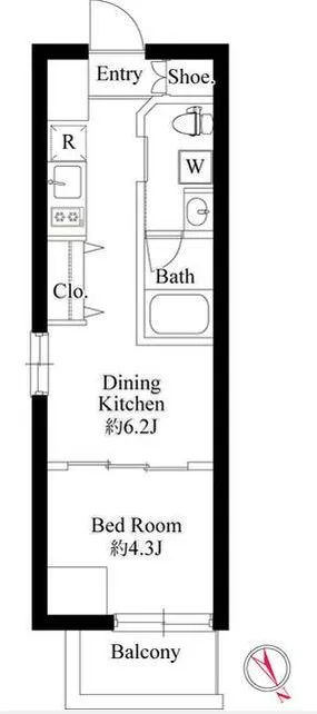 【築浅】ラ・ペルラ文京小石川 5階 1DKの間取り
