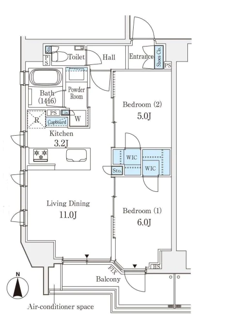 オープンレジデンシア文京本郷 6階 2LDKの間取り