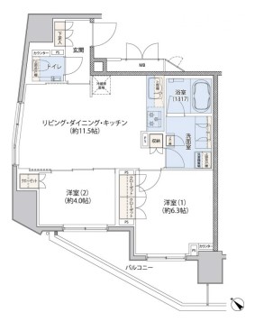 レジディア文京小石川Ⅱ（旧クレヴィアリグゼ小石川） 15階 2LDKの間取り