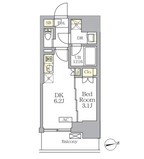 【新築】ザ・ライオンズフォーシア文京湯島 7階 1DKの間取り