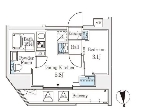 クラリティア文京湯島 5階 1DKの間取り