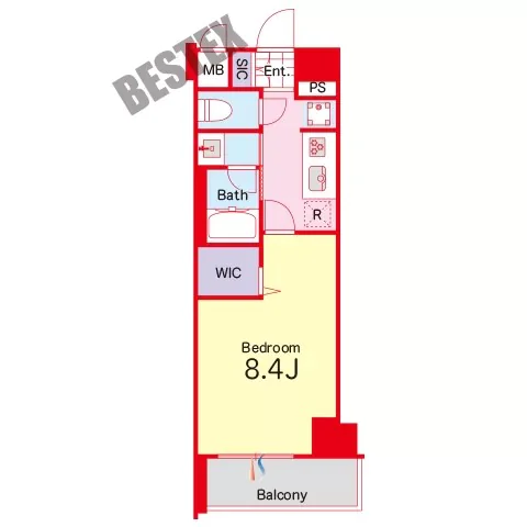 【築浅】ボナール白山 2階 1Kの間取り