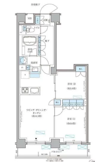 【新築】パークアクシス文京本郷 2階 2LDKの間取り