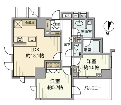 ブランズ文京小石川パークフロント 6階 2LDKの間取り