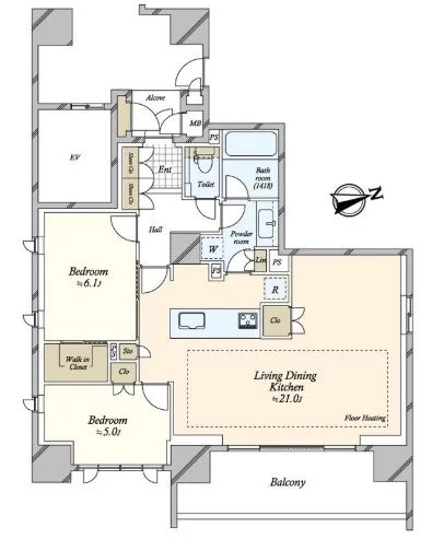 【築浅】グランレ・ジェイド御茶ノ水 2階 2LDKの間取り