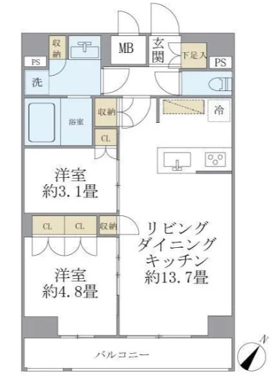ジオエント駒込 7階 2LDKの間取り