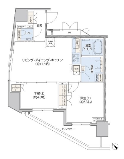 レジディア文京小石川Ⅱ（旧クレヴィアリグゼ小石川） 15階 2LDKの間取り