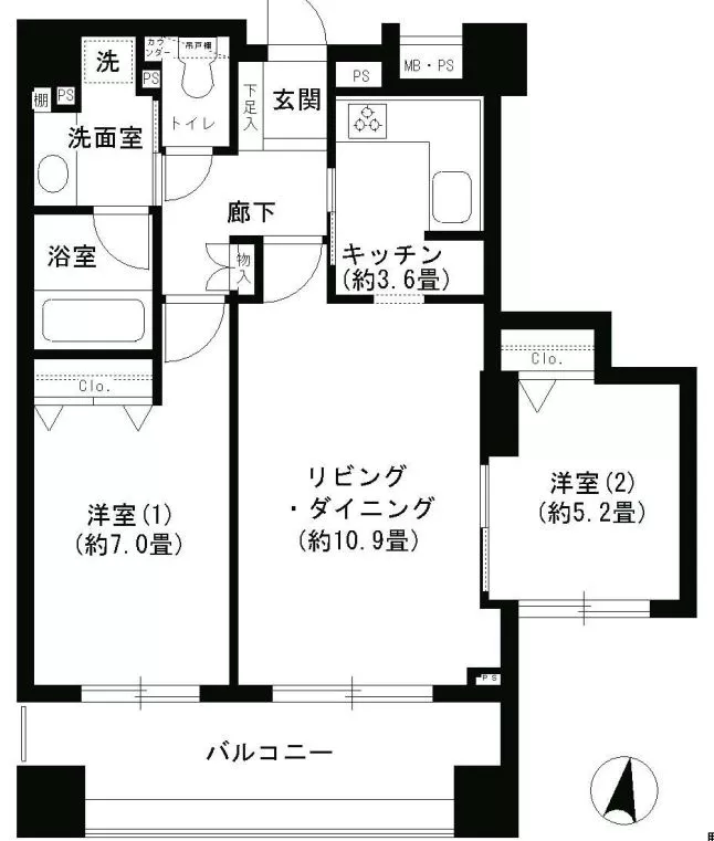 クリオ文京小石川 8階 2LDKの間取り