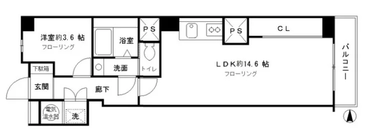 後楽園ビューハイツ 11階 1LDKの間取り