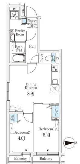 ロスアルコス千駄木 4階 2DKの間取り