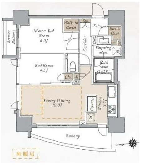 【築浅】プライマルシティ神楽坂 4階 2LDKの間取り