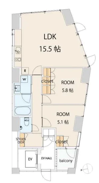 エスセナーリオ本郷三丁目 6階 2LDKの間取り