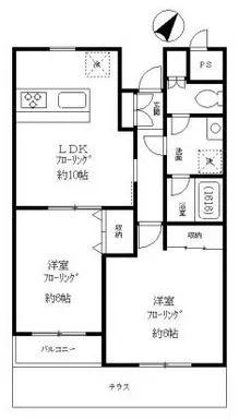 ドゥムール西片 3階 2LDKの間取り