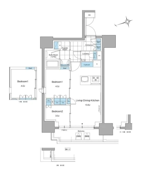 ルフォンプログレ本郷三丁目 12階 2LDKの間取り